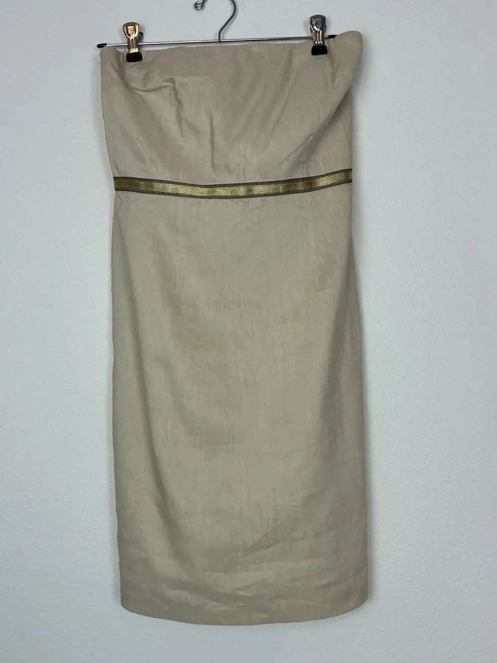 Lela Rose Loft Strapless Beige Linen-Blend Dress with Gold Metallic Waist Trim